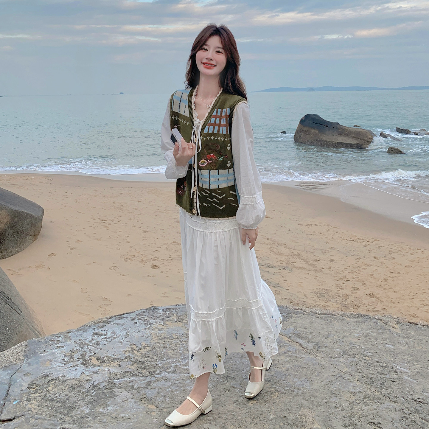 法式文艺风印花马甲连衣裙套装女2026春小个子甜美减龄长裙两件套