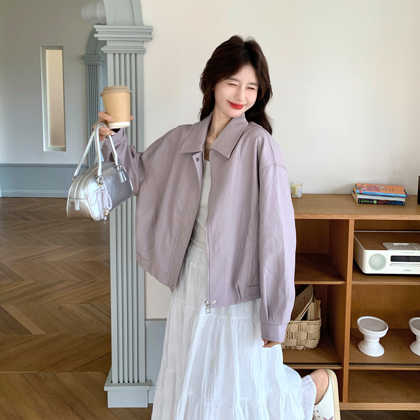 浅紫色可盐可甜休闲风皮衣外套女2026秋季新款韩版减龄ins风夹克