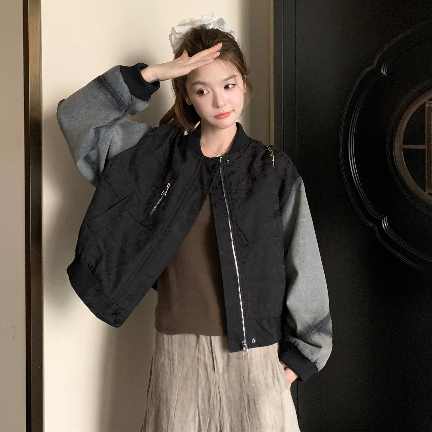秋日时尚设计感牛仔拼接休闲外套女2026新款国风改良高级感棒球服