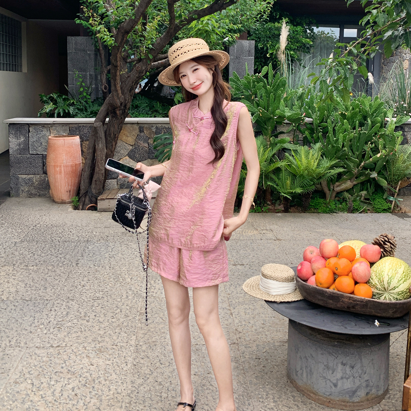 新中式无袖马甲短裤两件套女夏