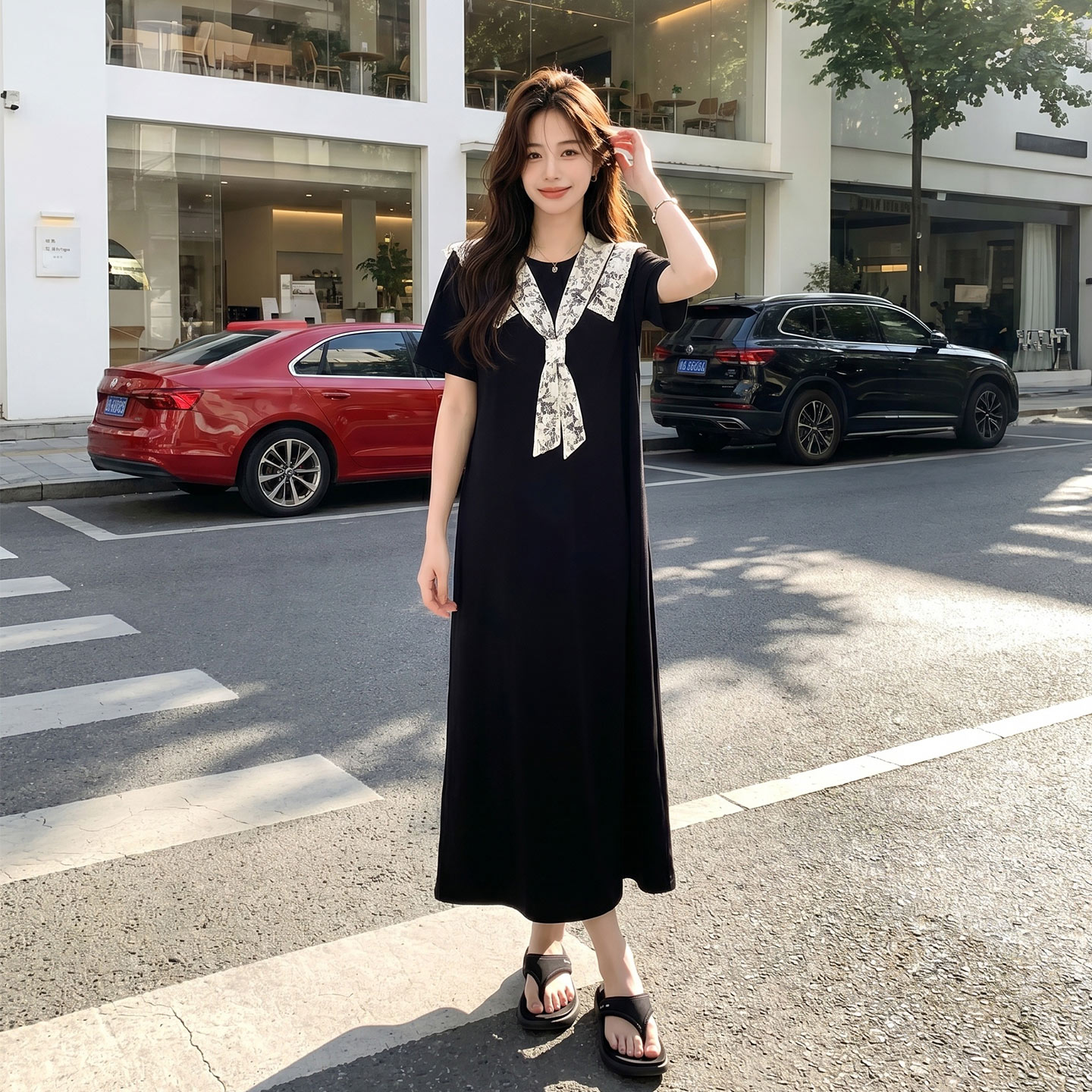 黑色轻熟优雅大方连衣裙女2026新款韩系设计感蕾丝海军领T恤裙夏
