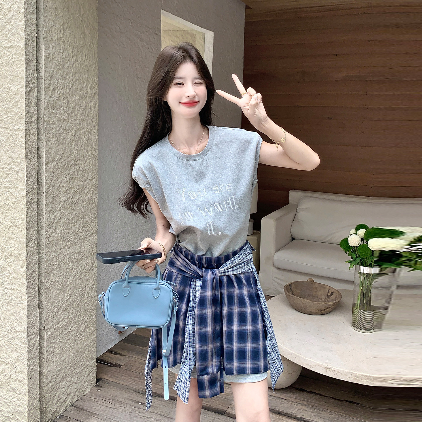 韩系夏季格纹T恤短裙两件套女