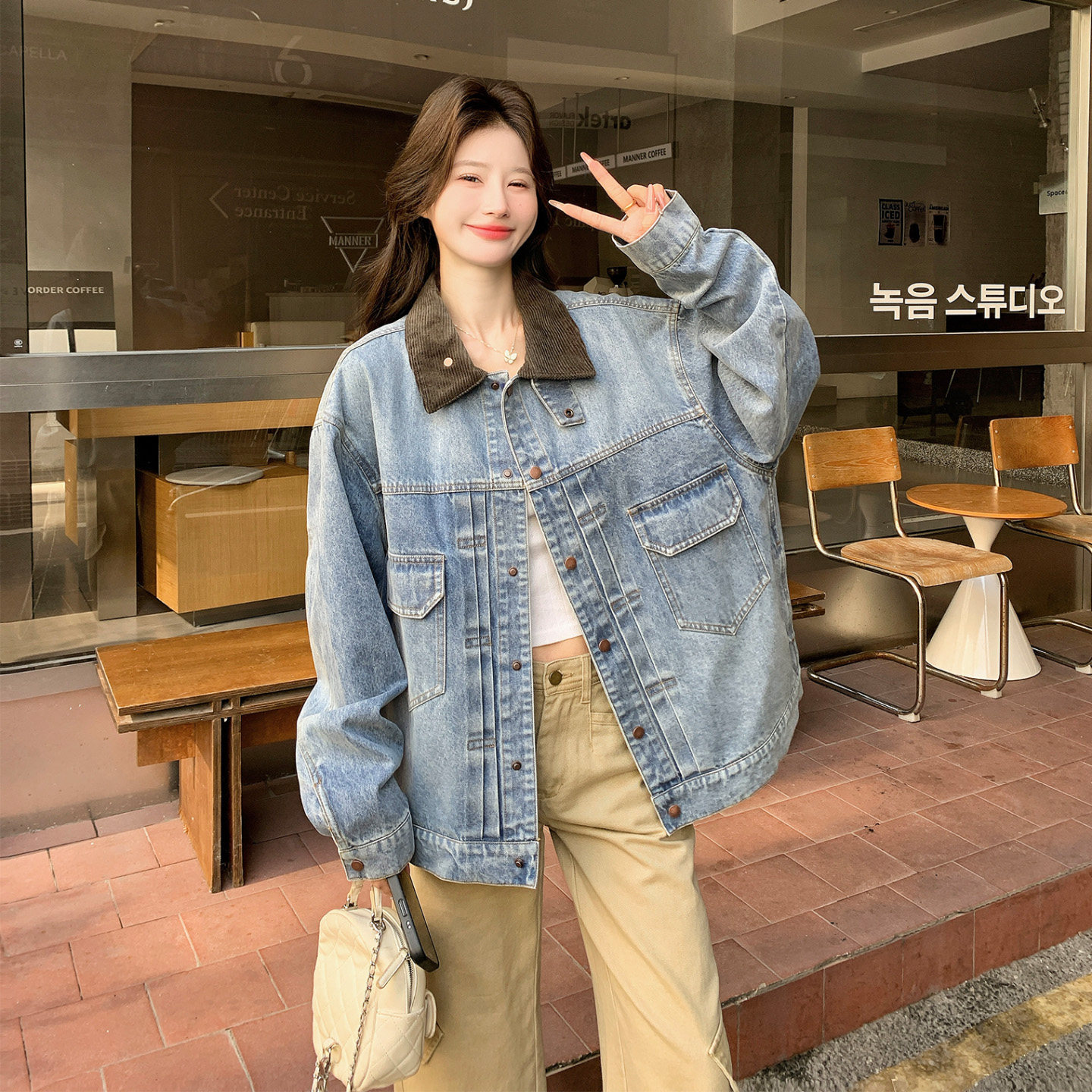 韩系复古灯芯绒翻领牛仔外套女