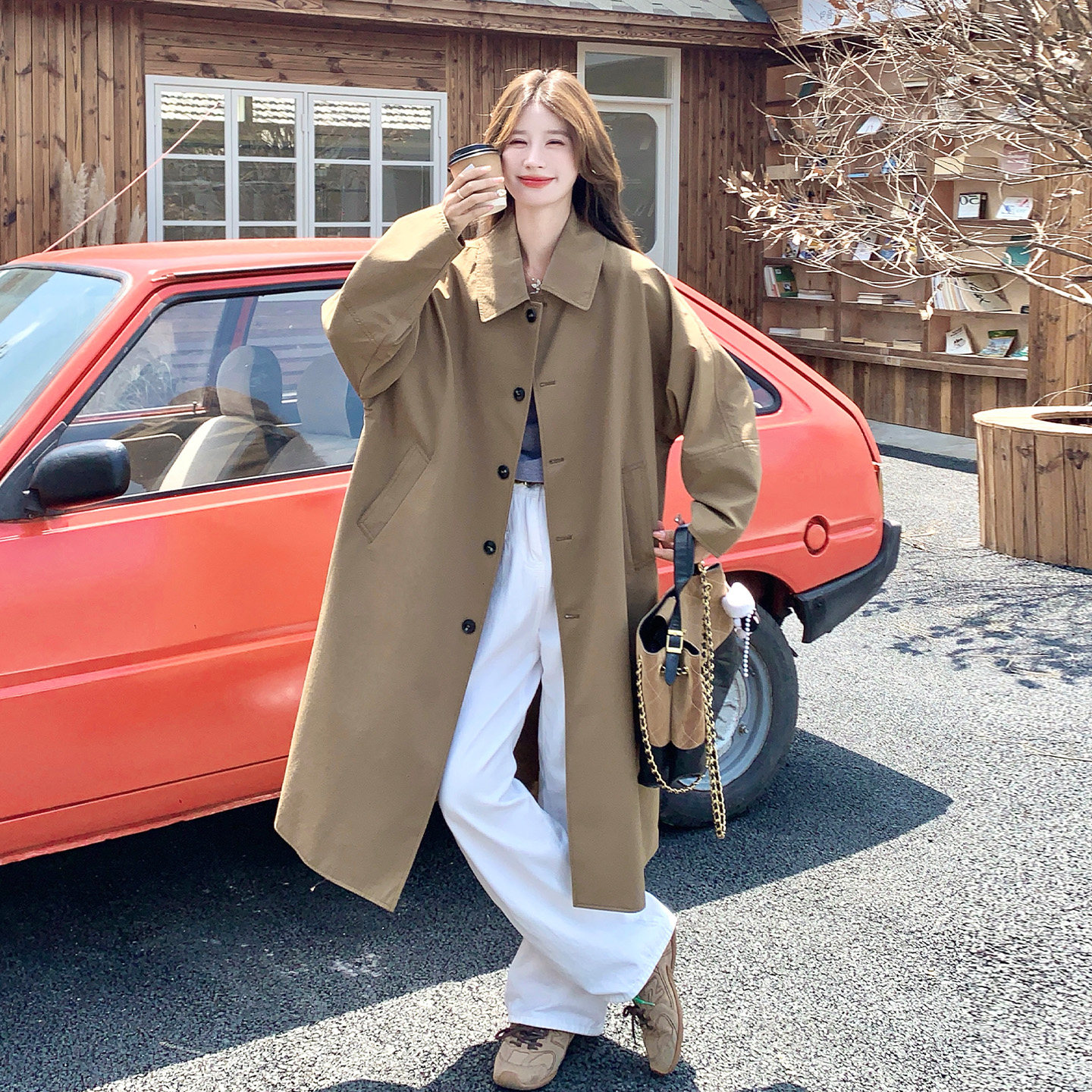 卡其色长款风衣女秋季翻领单排扣