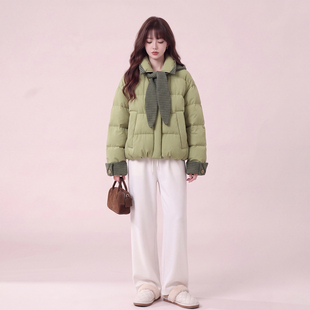 森系俏皮甜美风格纹兔耳朵连帽羽绒服2026冬新款保暖90白鸭绒外套