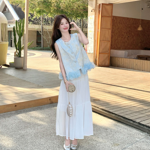 夏季度假风无袖马甲半身裙套装