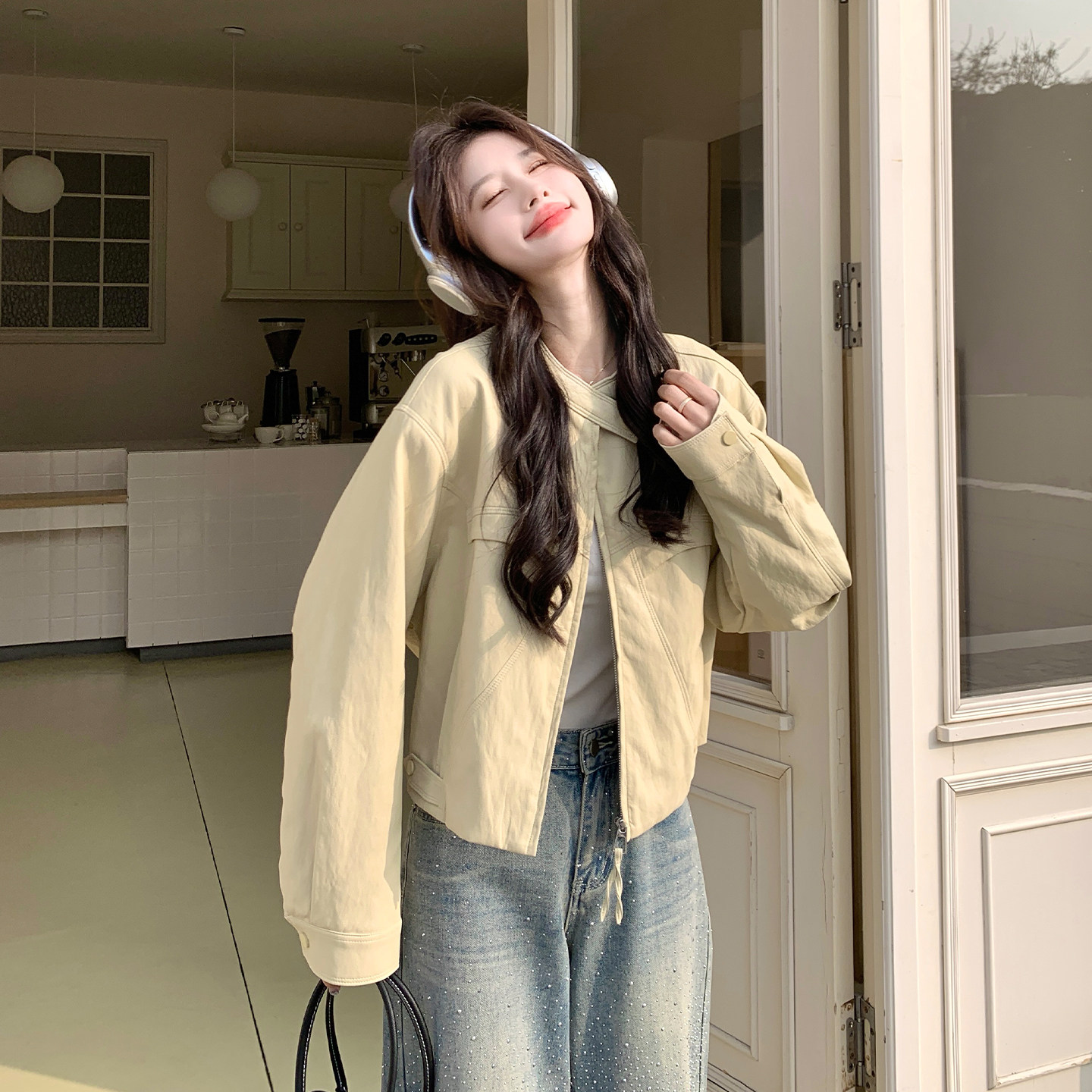 黄色学院休闲风PU皮衣外套女小个子2026春天新款韩版时尚立领夹克