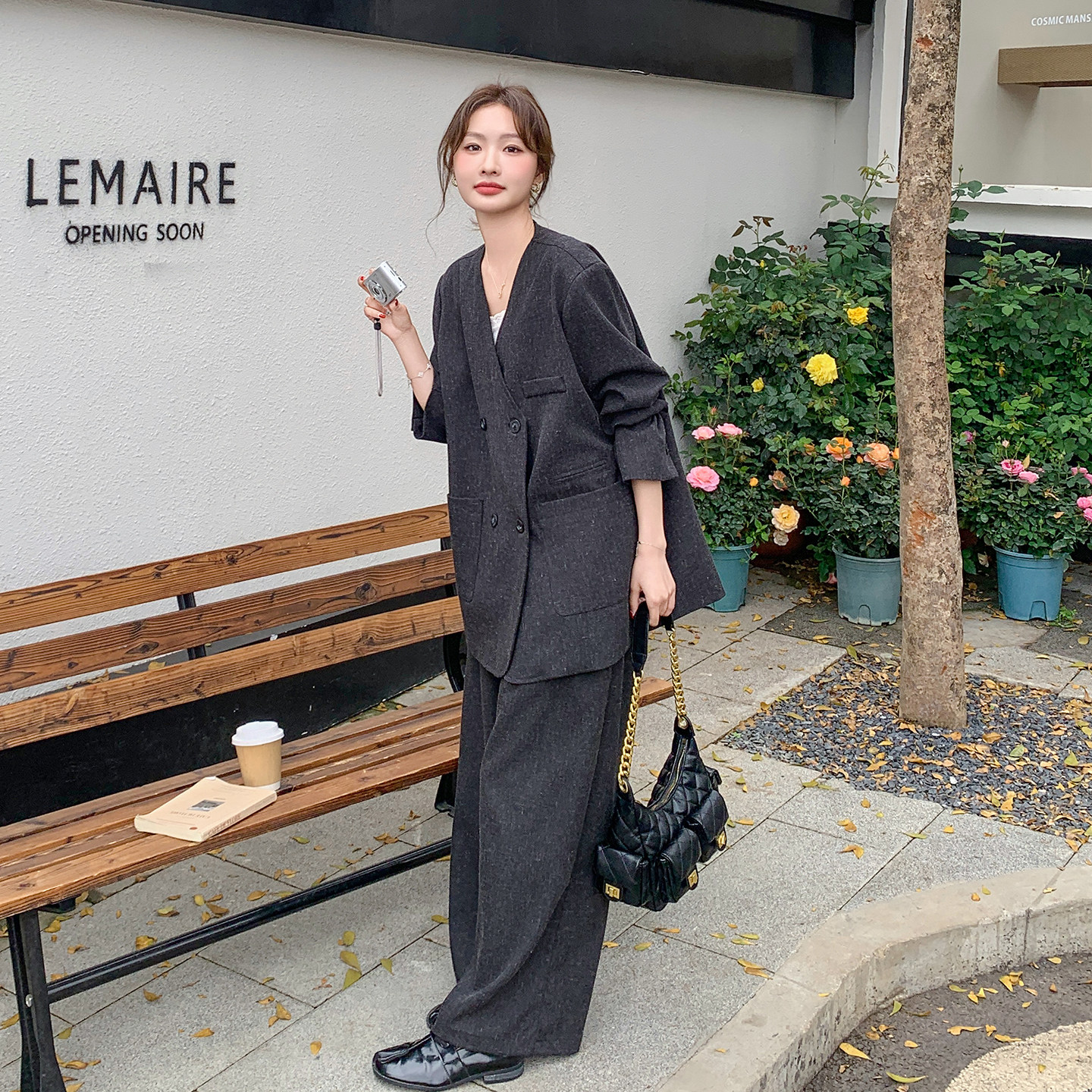 灰色高端时尚西装套装女2026春新款韩系休闲无领西服阔腿裤两件套