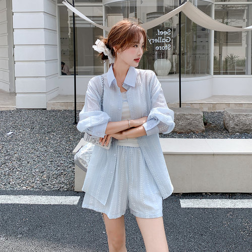 蓝色轻薄防晒衬衫套装女夏季慵懒