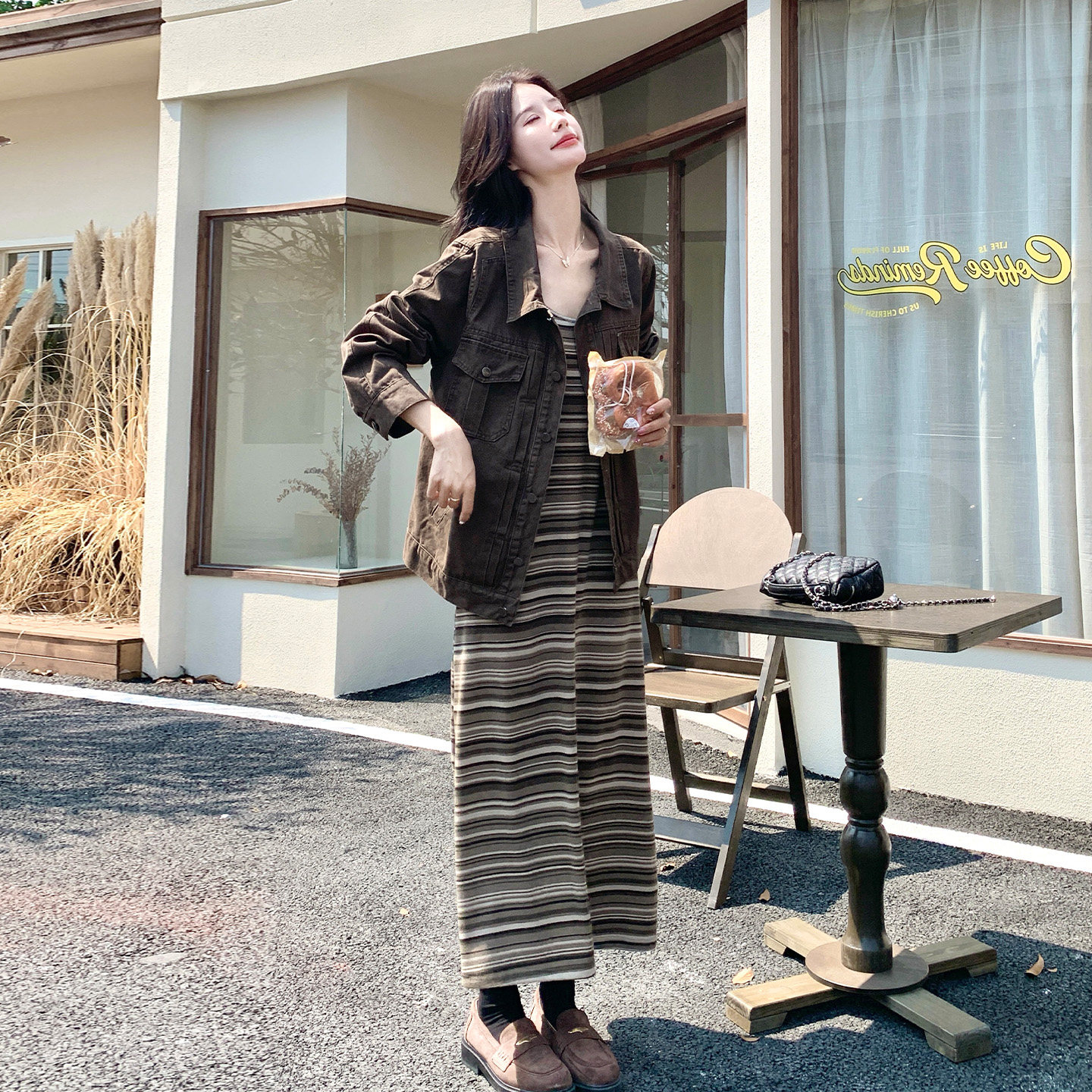 韩风牛仔外套条纹连衣裙女