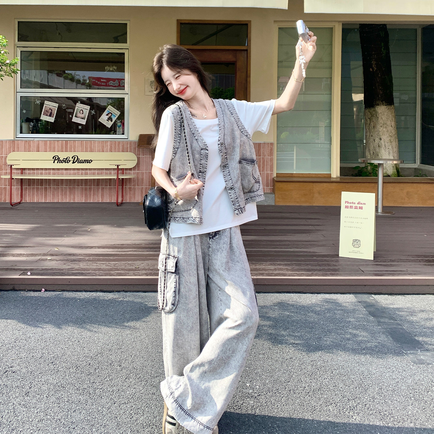 夏季工装牛仔马甲阔腿裤三件套女