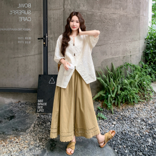 花边阔腿裤 休闲刺绣开叉衬衫 两件套 女2026春新款 高知温柔穿搭套装