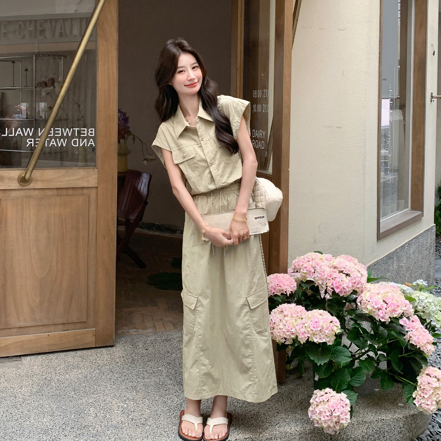 工装风翻领衬衫半身裙套装女夏季