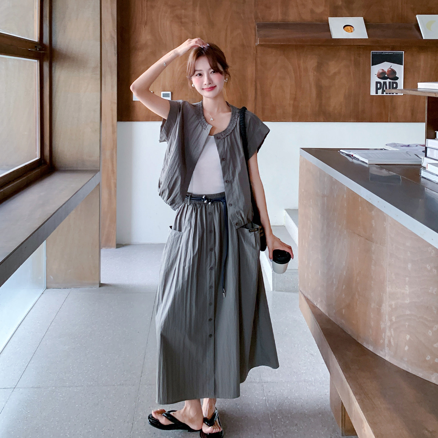 夏季圆领抽绳上衣半身裙套装女