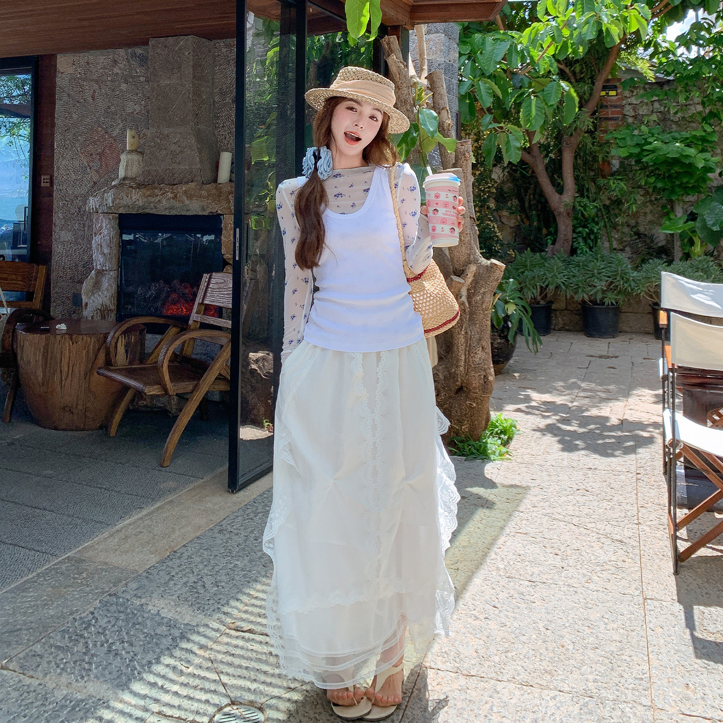 夏日法式清纯白月光套装女休闲背心碎花内搭蕾丝半身裙三件套2026