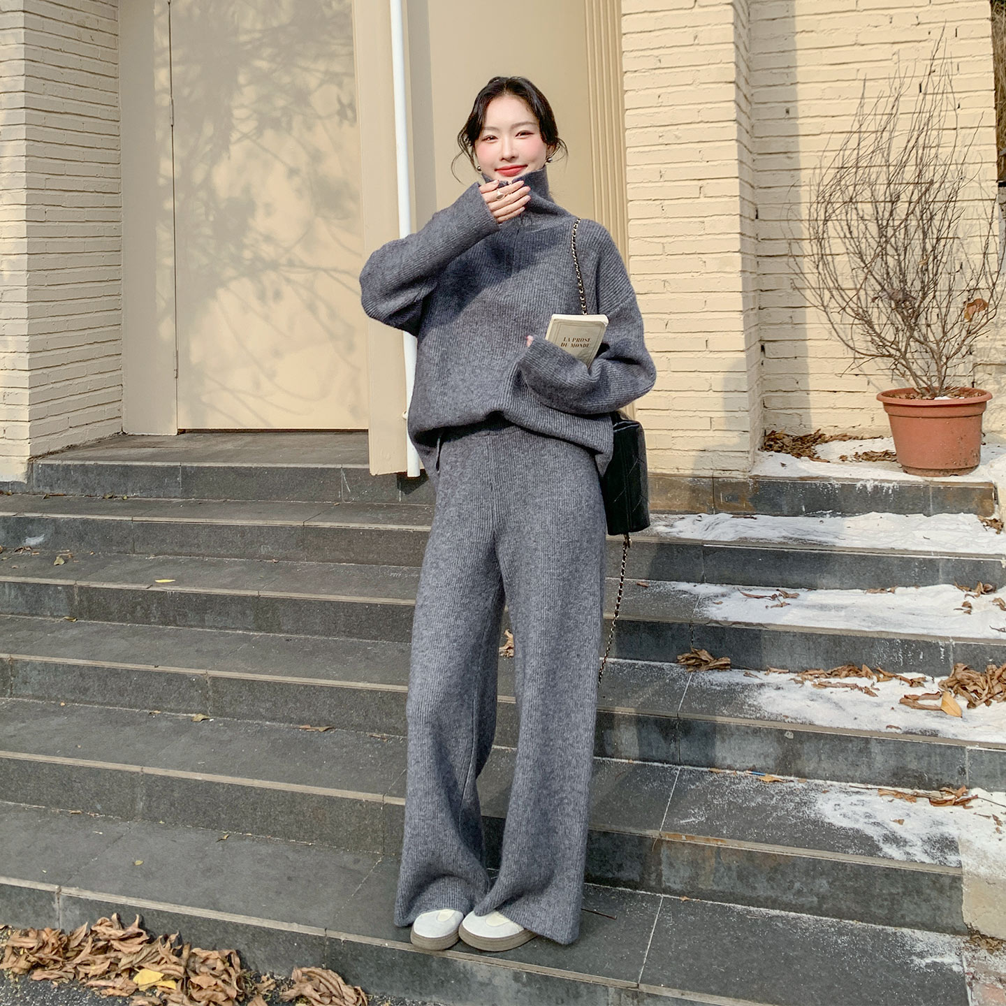 韩里韩气休闲慵懒风针织套装女2026新款半拉链上衣阔腿裤两件套秋