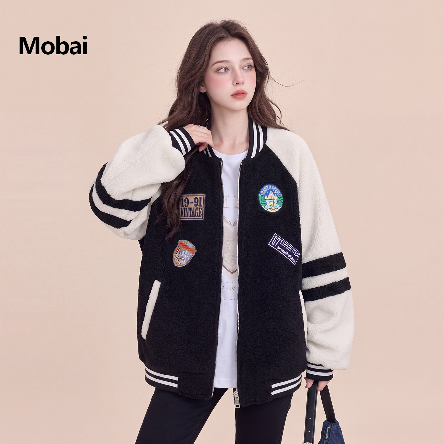 学院风撞色羊羔毛加厚棒球服女