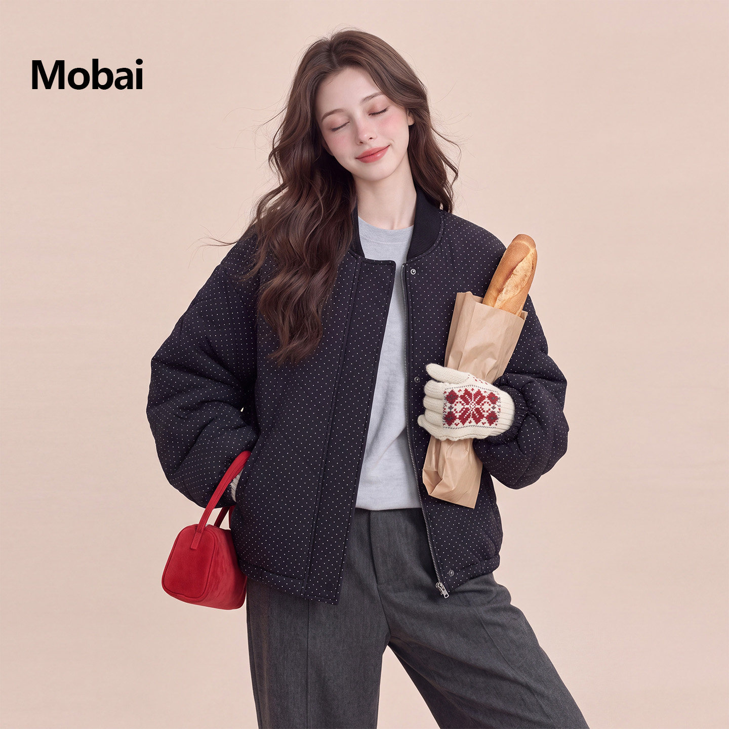 冬季加厚短款波点棉服女小个子