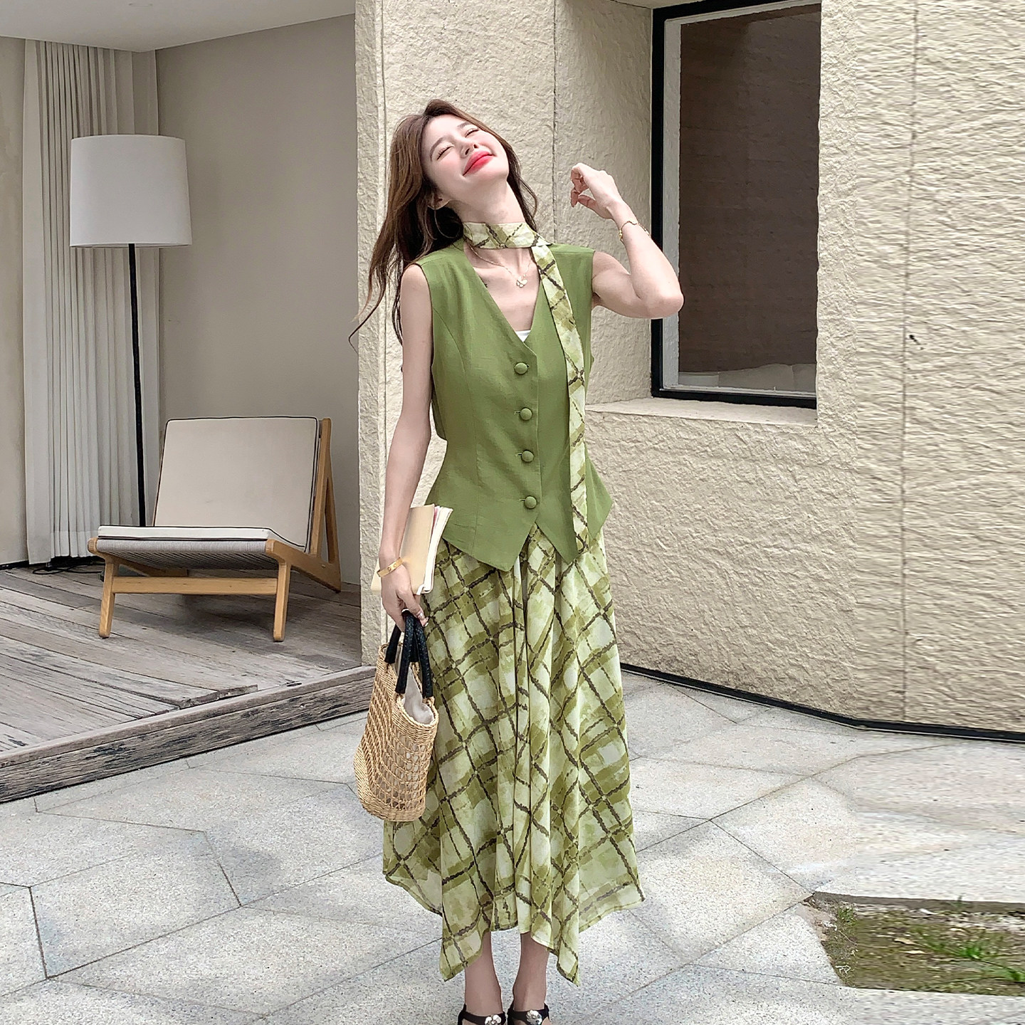 夏季森系复古印花马甲两件套女