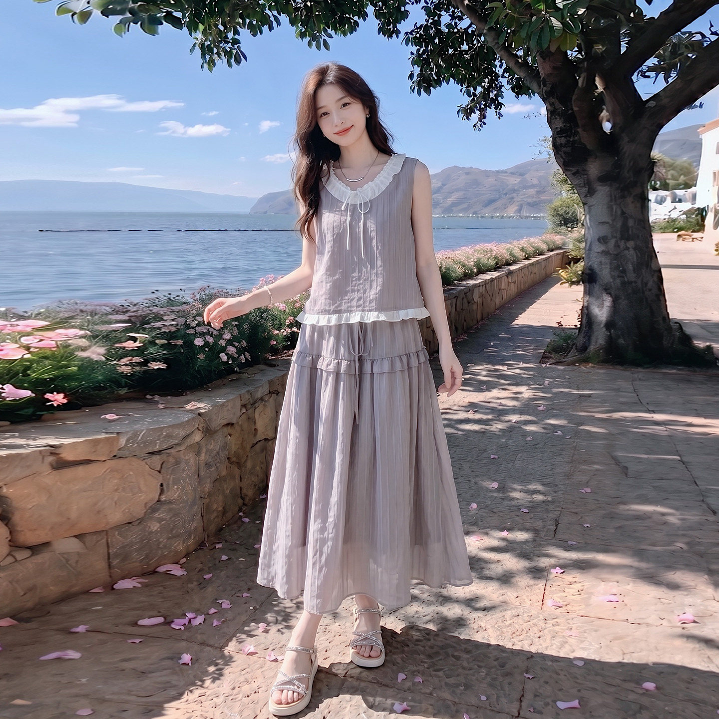 温柔风紫色无袖荷叶边套装女