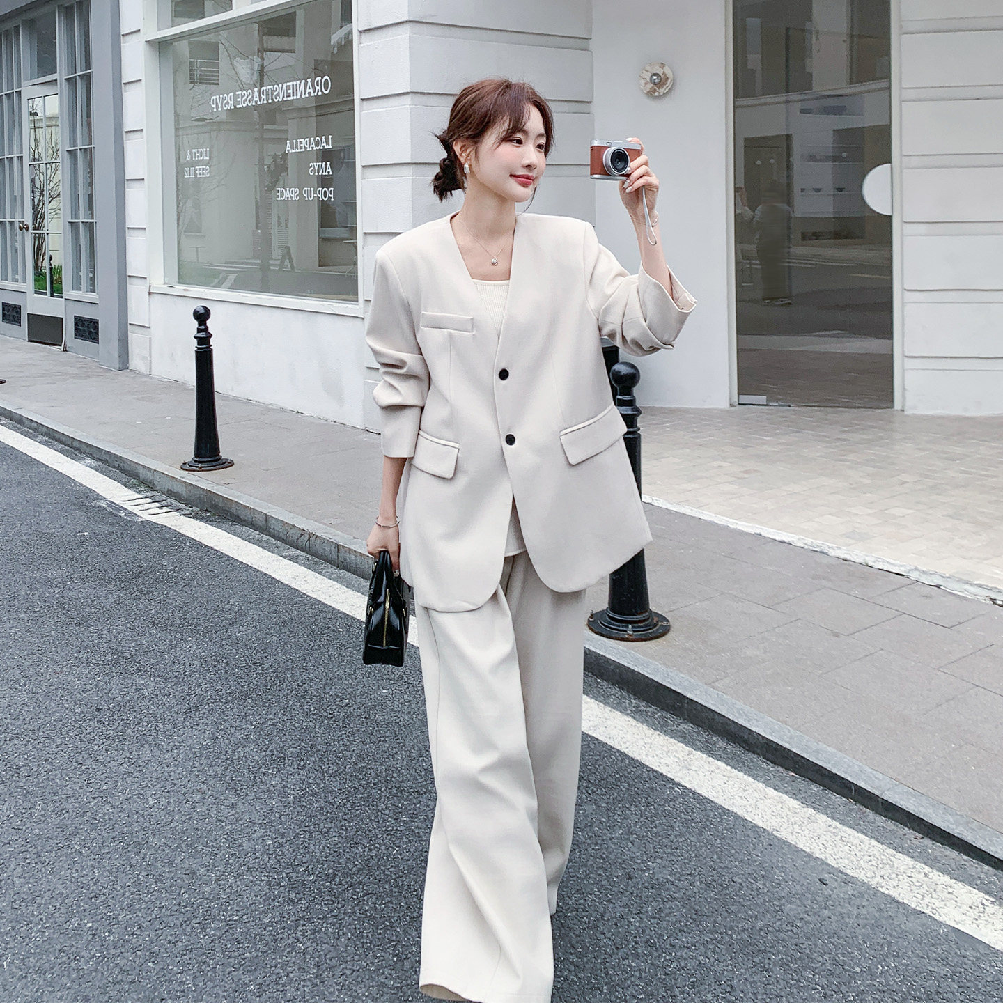 米白色轻奢高级感西装外套女无领西服阔腿裤两件套2026年春季新款