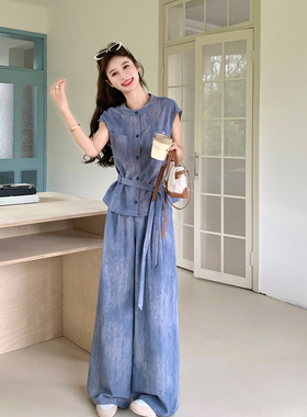 蓝色设计感慵懒风晕染套装女2026夏新款休闲系带上衣阔腿裤两件套