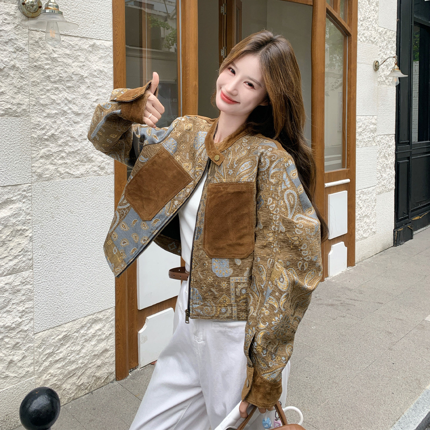 复古撞色立领印花短外套女秋