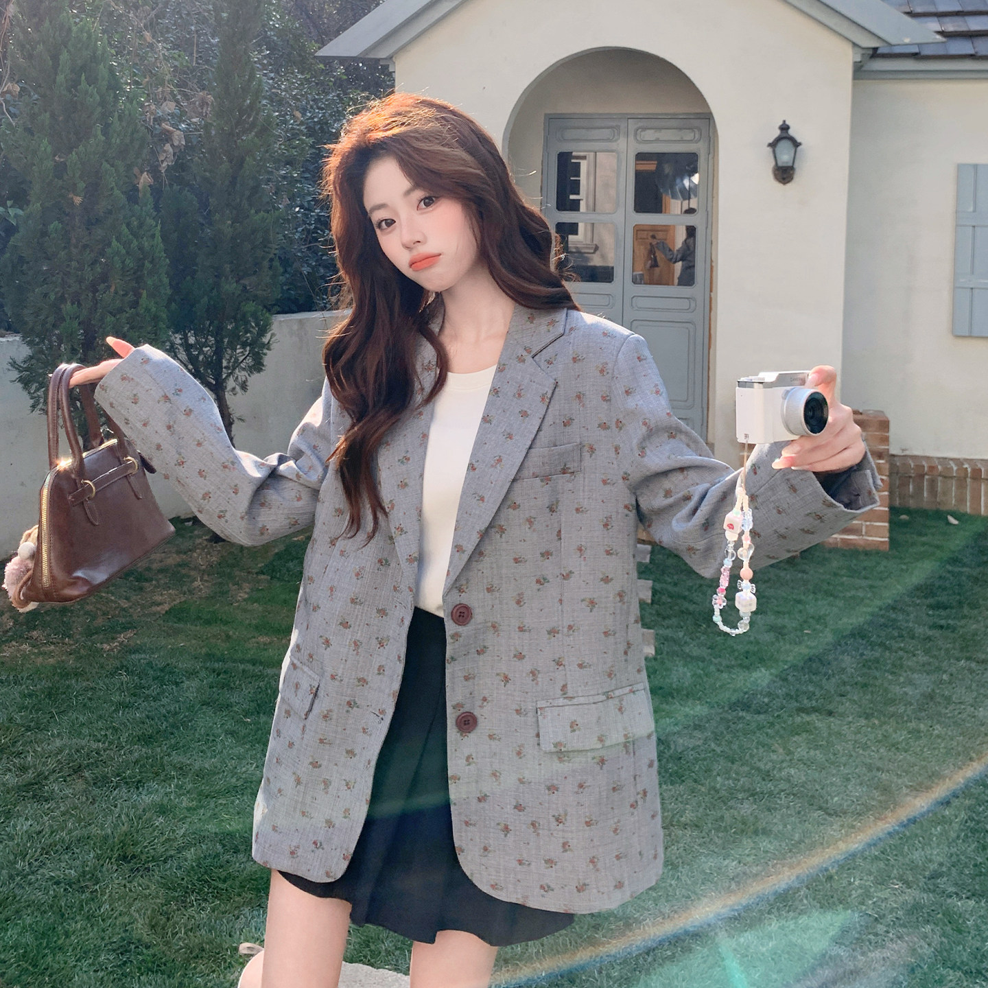 灰色韩系设计感减龄碎花西装外套女2026春新款巨好看休闲时尚西服