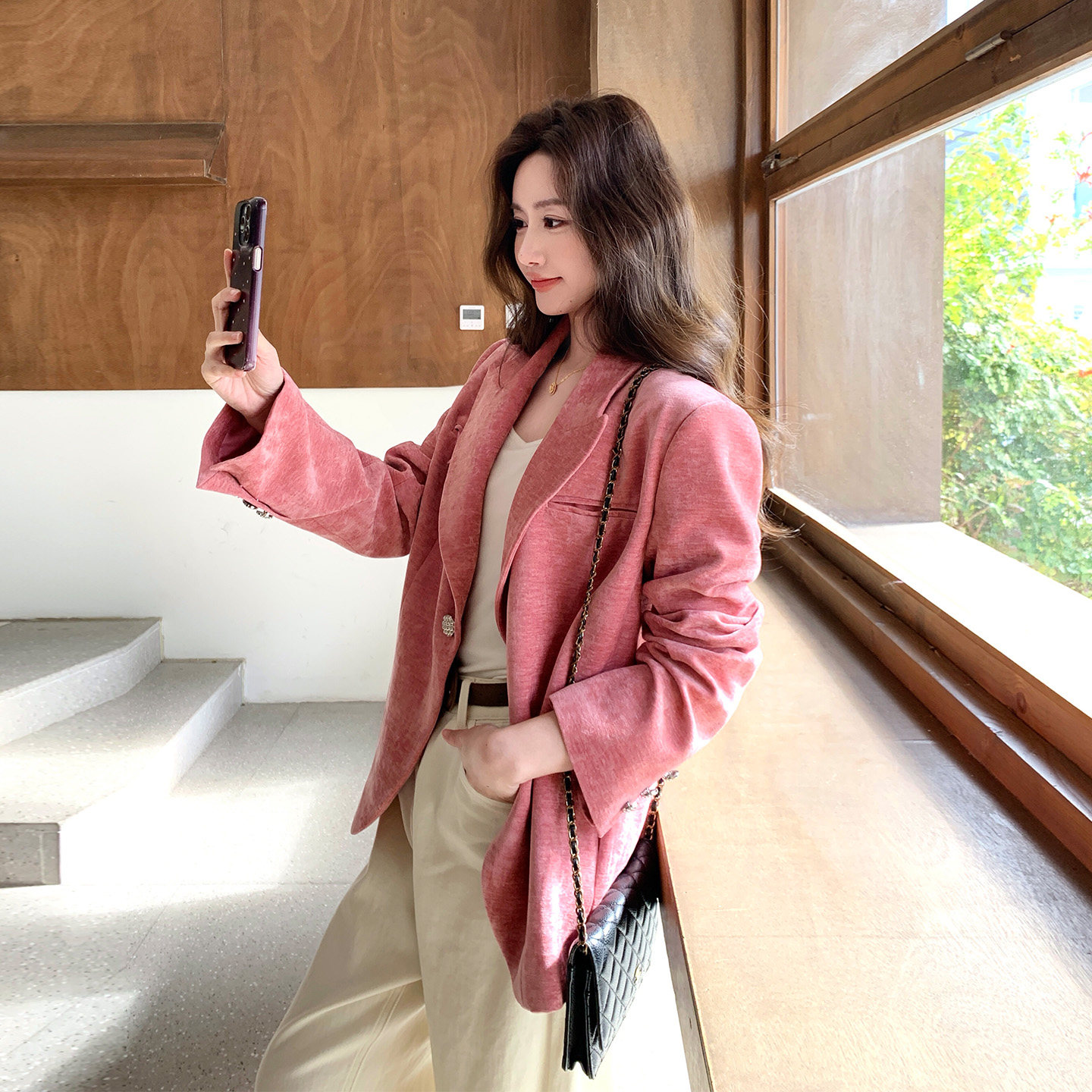 粉色韩版时尚休闲西装外套女小个子穿搭2026春季新款高端气质西服