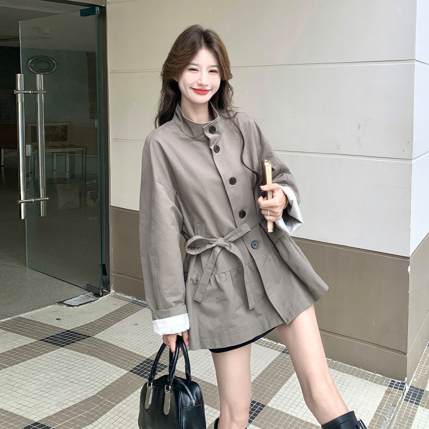 立领抽绳收腰风衣外套女中长款