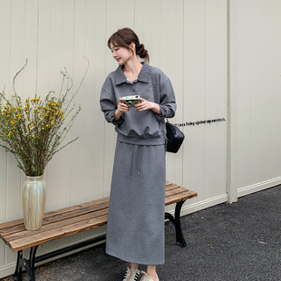 灰色韩系慵懒风Polo领卫衣套装裙女2026春季宽松休闲半身裙两件套