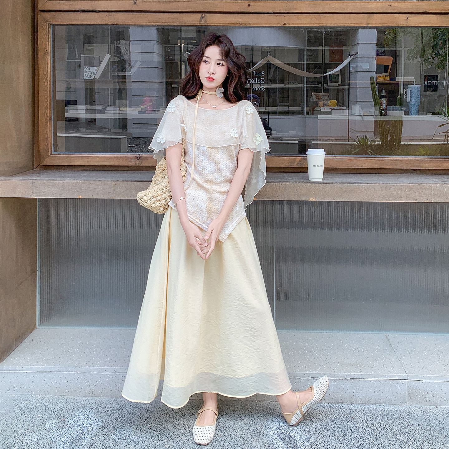 法式甜美风度假穿搭女2026新款立体花朵网纱罩衫半身裙两件套夏日