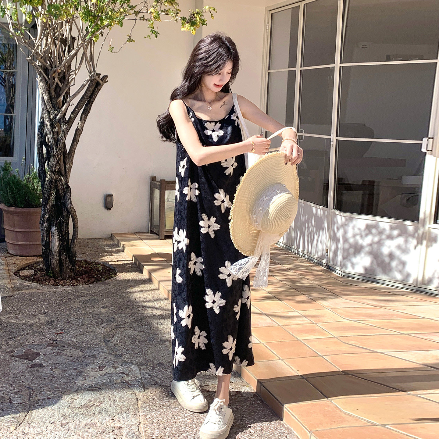 度假风花朵印花吊带连衣裙女夏