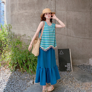 两件套夏 条纹流苏罩衫 减龄波西米亚浪漫风吊带连衣裙套装 2026新款