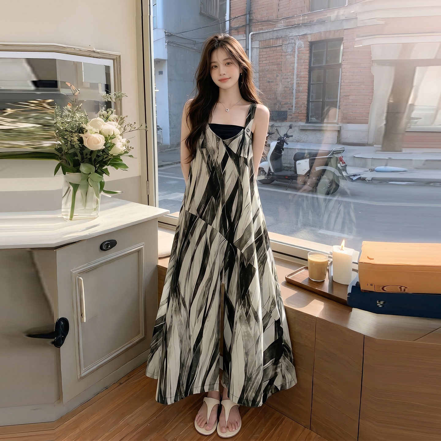 韩版轻奢复古休闲风印花连体裤女2026新款夏日高腰显瘦阔腿背带裤