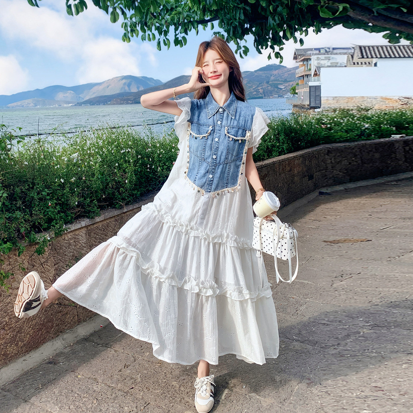 学院风牛仔拼接蛋糕裙女夏季