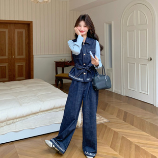 韩系早春宽松时尚牛仔套装女2026新款假两件上衣高腰阔腿裤两件套