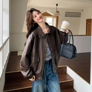咖色美拉德轻熟风PU皮翻领外套女短款2026早春新款高级感休闲夹克