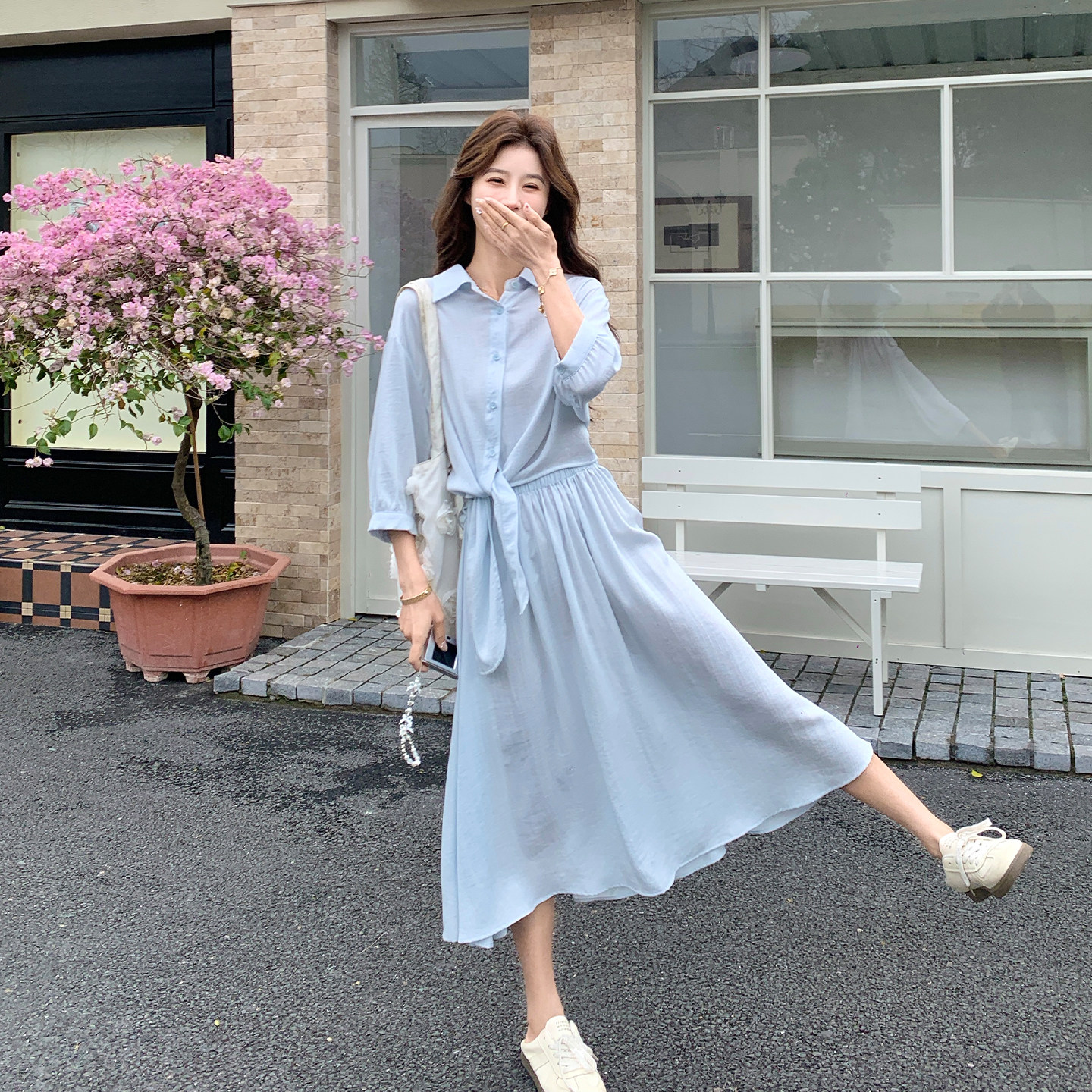 夏季简约高级感长袖连衣裙女中长款2026年新款韩版收腰显瘦衬衫裙