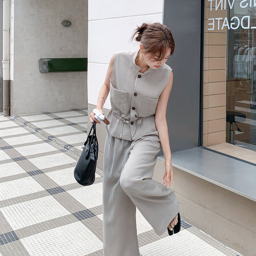 复古设计感马甲套装女夏季