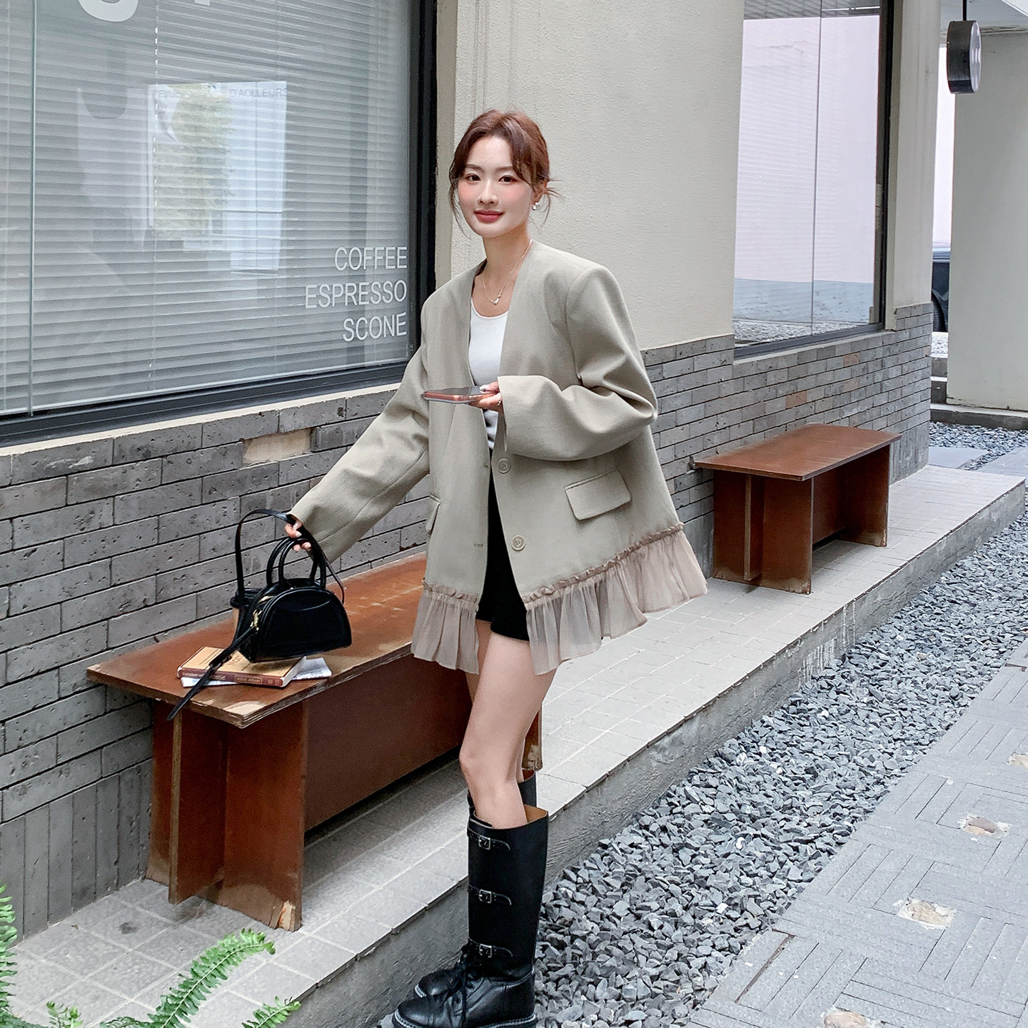 早春轻熟优雅风西装外套韩剧女主穿搭设计感网纱拼接西服上衣2026