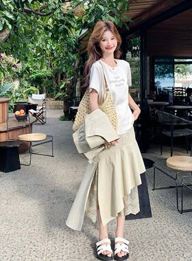 韩版休闲ins风工装马甲套装女2026夏新款短袖T恤拼接半身裙三件套