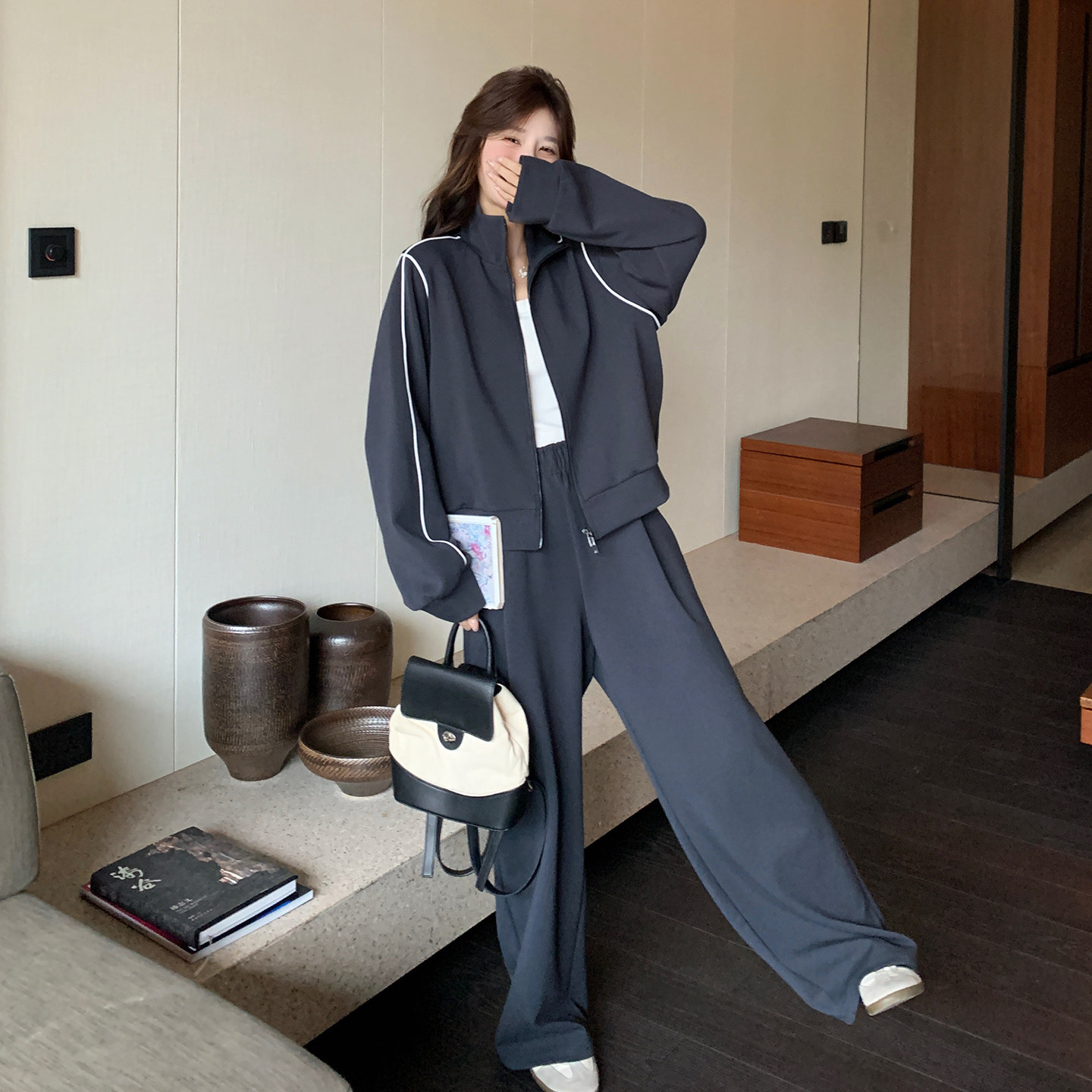 藏青色韩版通勤百搭运动卫衣套装女2026春季新款上衣阔腿裤两件套