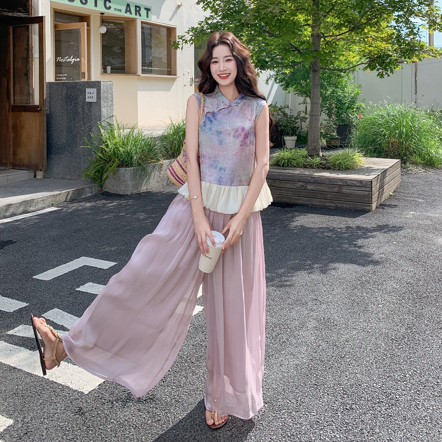 新中式浪漫艺术风初夏绝美穿搭2026新款拼色晕染上衣阔腿裤两件套