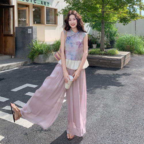新中式晕染印花阔腿裤女夏套装