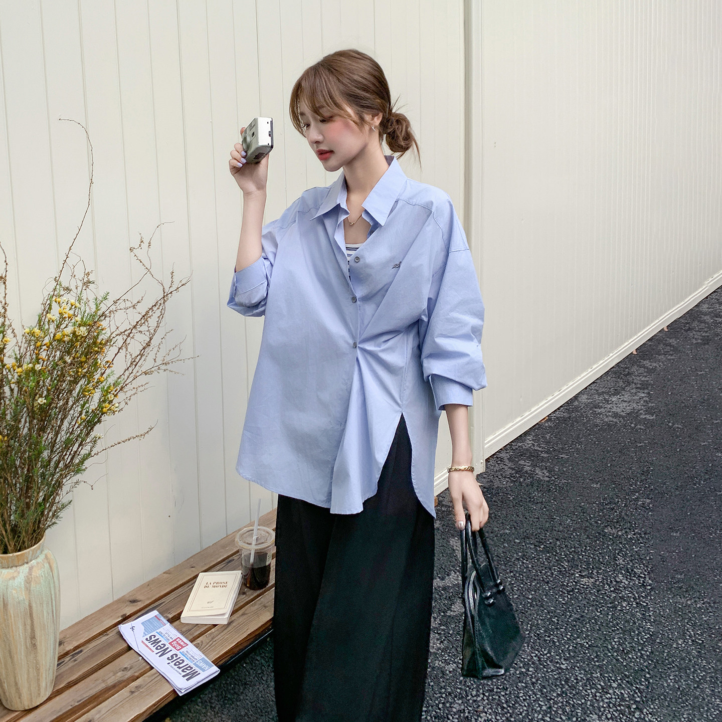 早春氛围感穿搭套装女2026春季新款时尚衬衫条纹吊带阔腿裤三件套