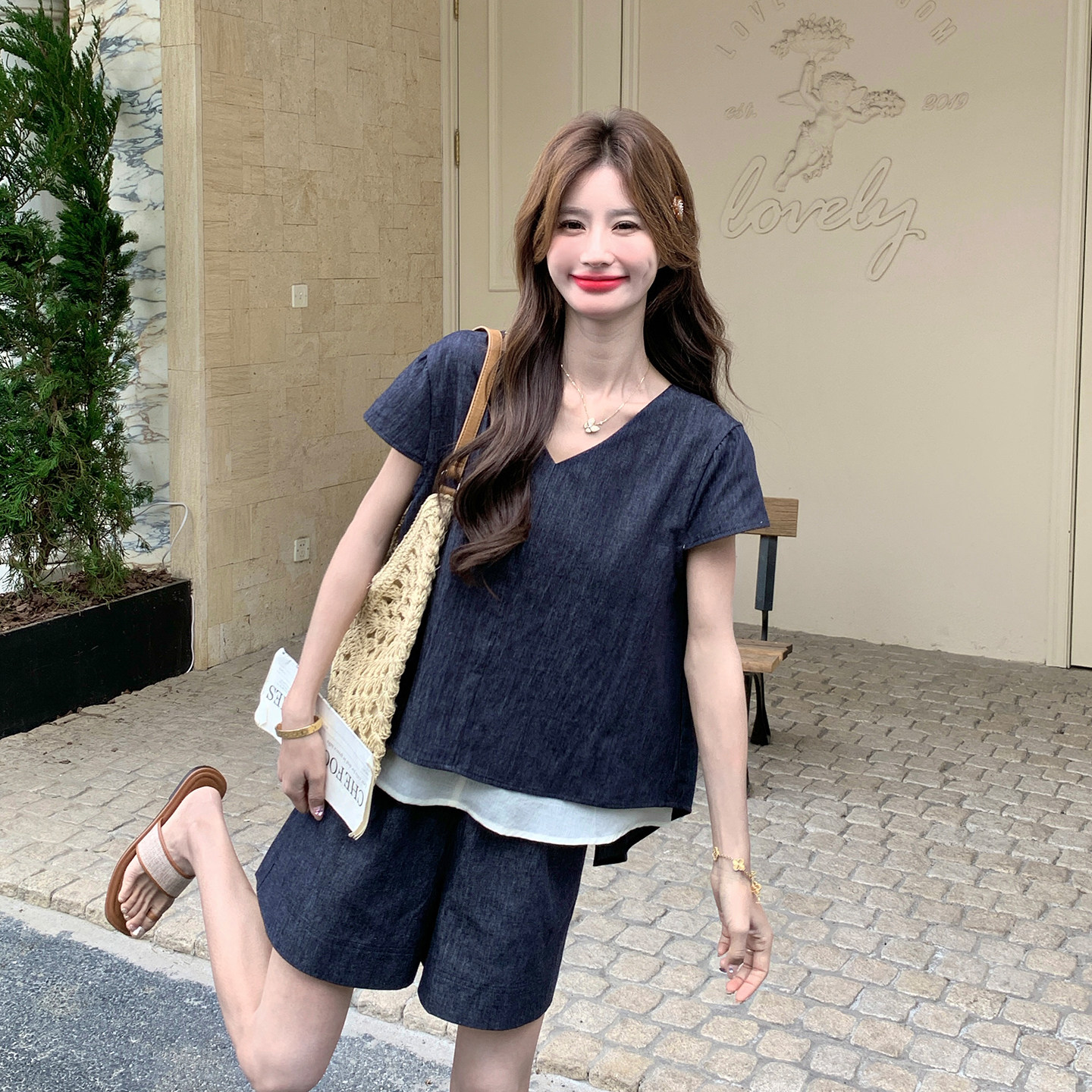 夏季牛仔风假两件短袖短裤套装女