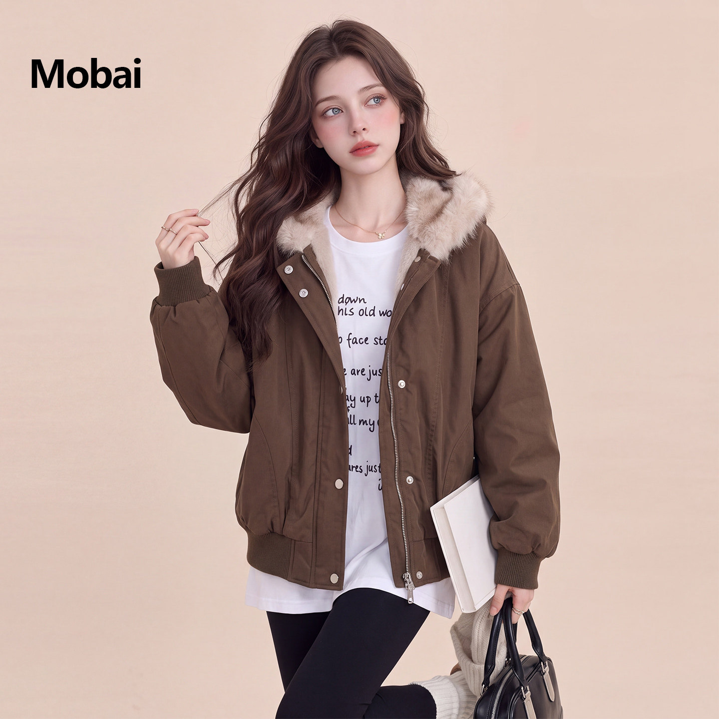 Mobai 咖色复古毛绒拼接连帽派克服女2026冬季新款设计感加厚外套