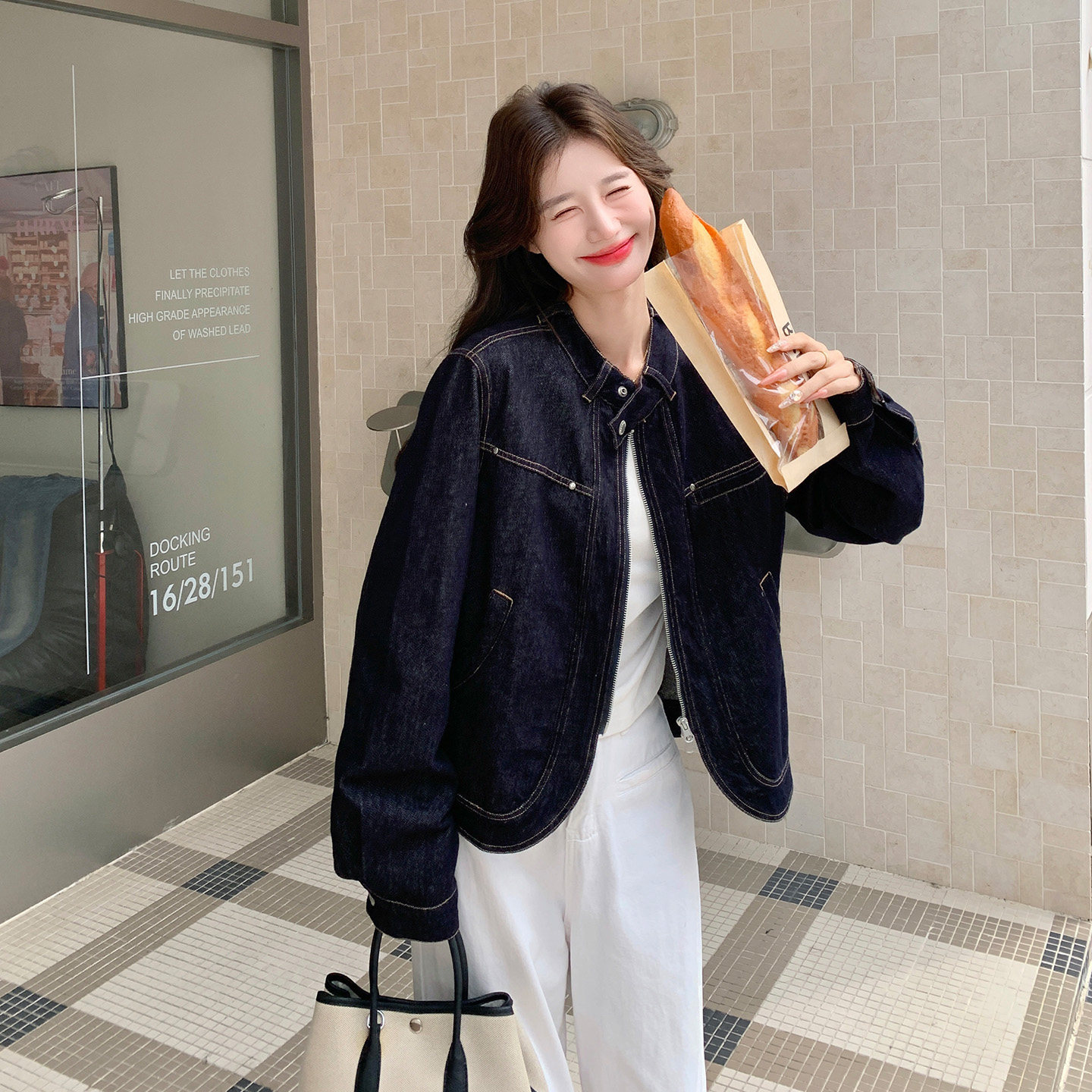 美式风立领牛仔短外套女显瘦