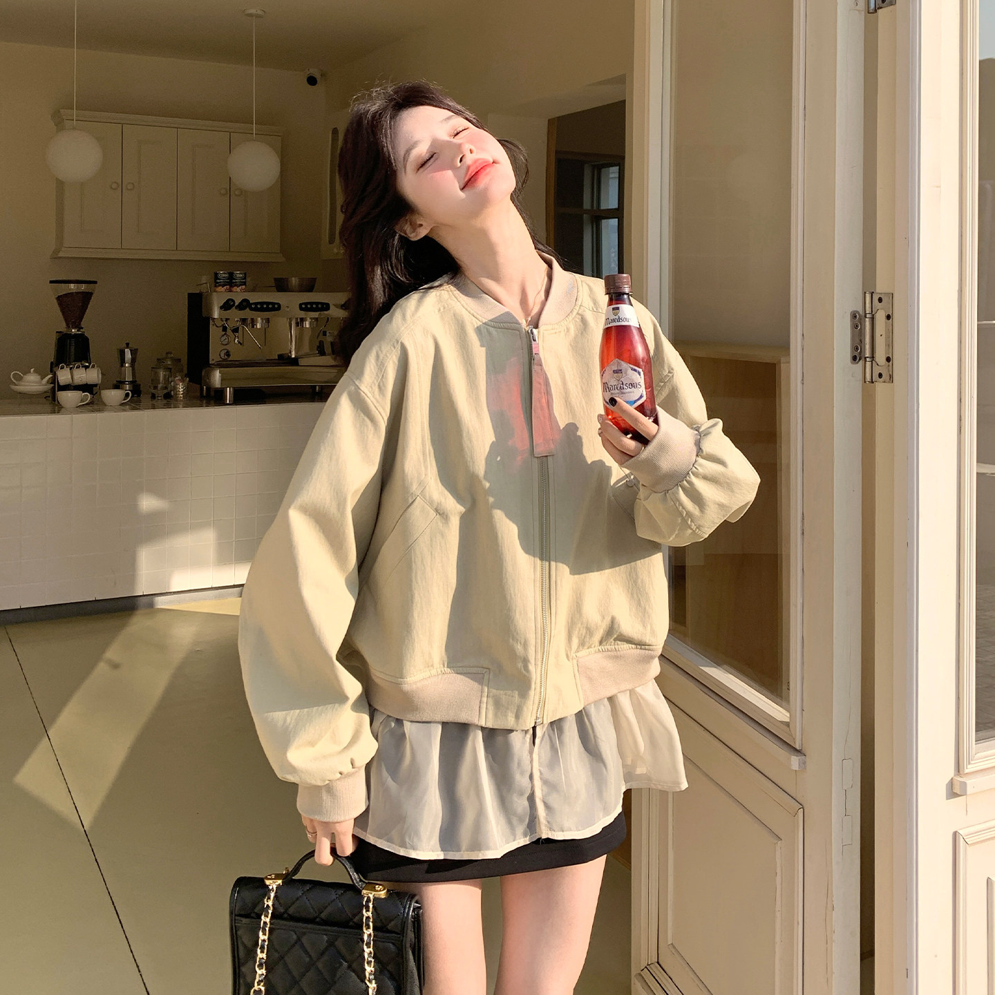 卡其色韩系网纱拼接棒球服外套女2026春季小个子时尚休闲夹克上衣